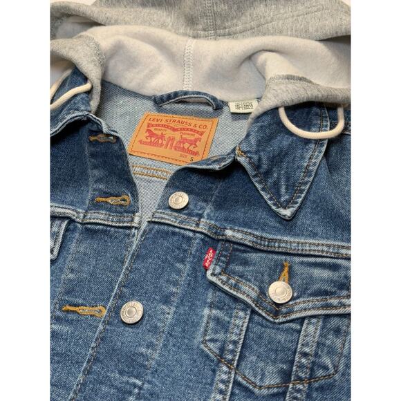 Levis Trucker Jacket Womens Small Blue Jean Denim Hybrid Hoodie Button Up EUC - Picture 5 of 5